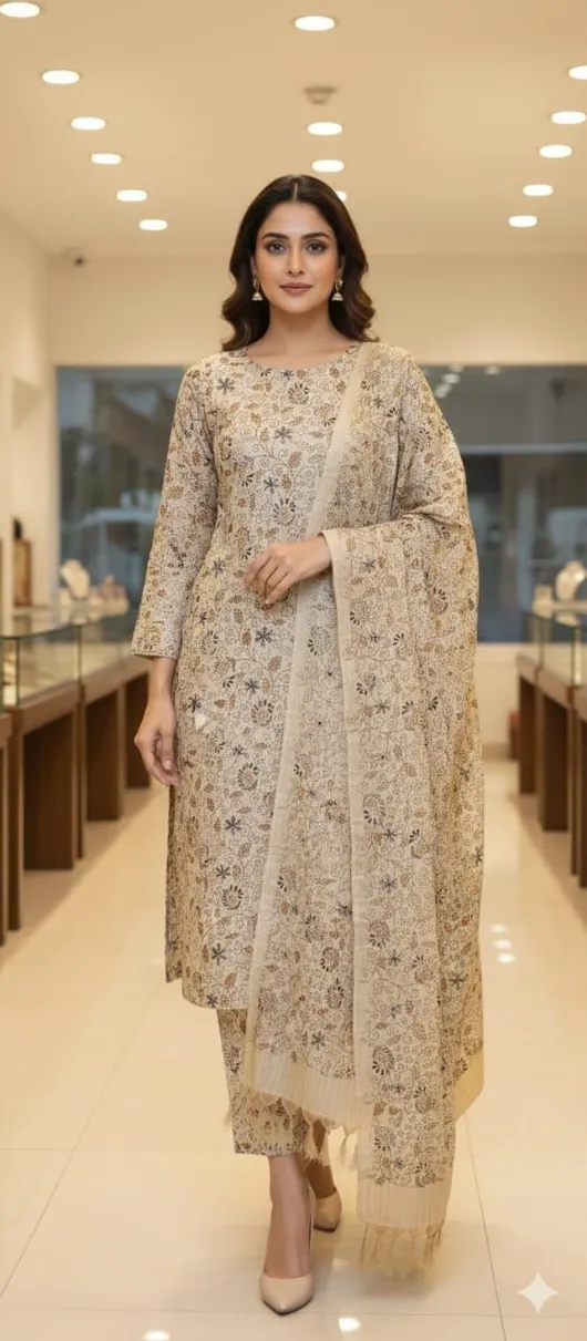 Soft Cotton Khadi Hand-Printed Full Suit Set – Elegant & Comfortable Ethnic Wear